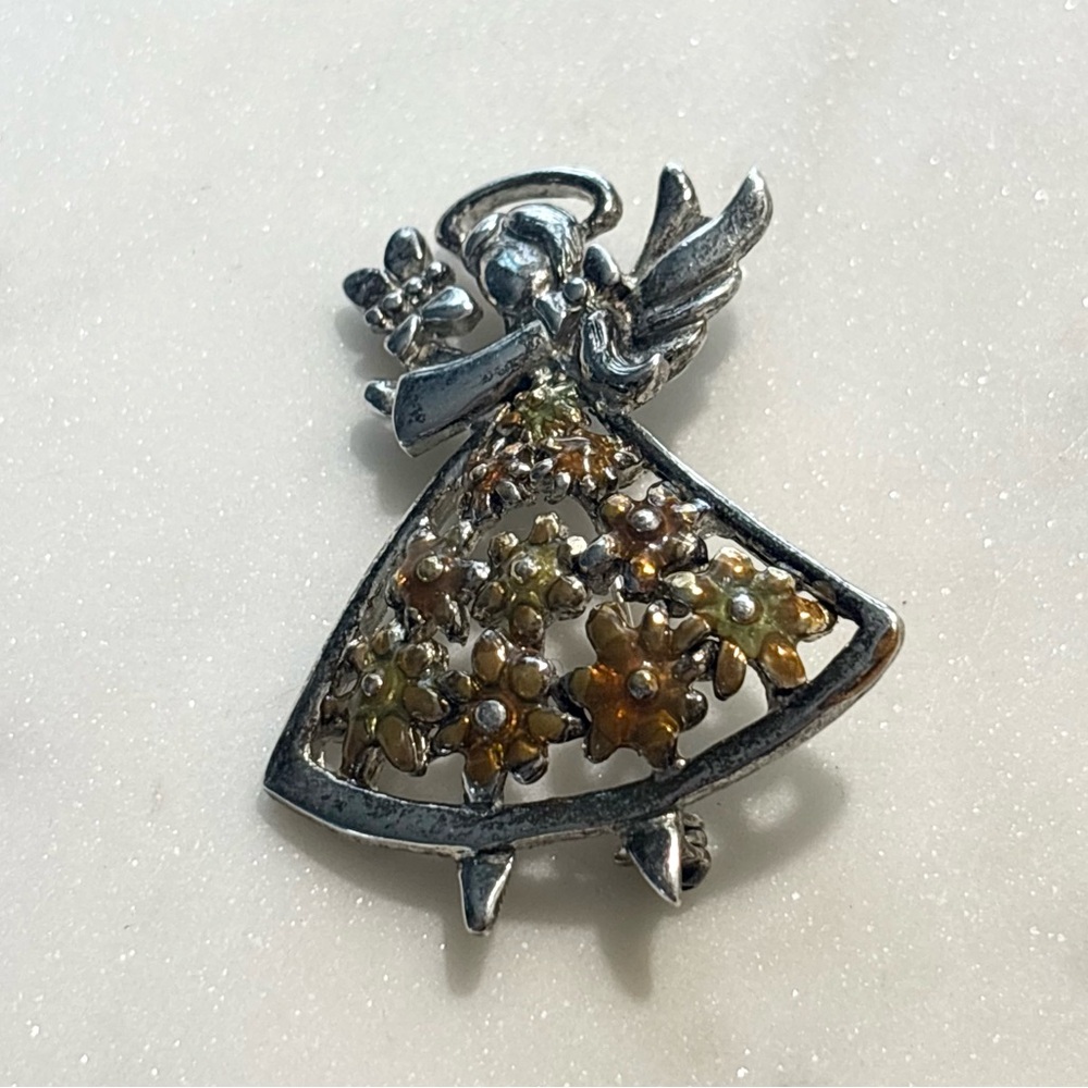 Vintage Enamel and Floral With Butterfly Tanya Creations Angel Brooch Pin
